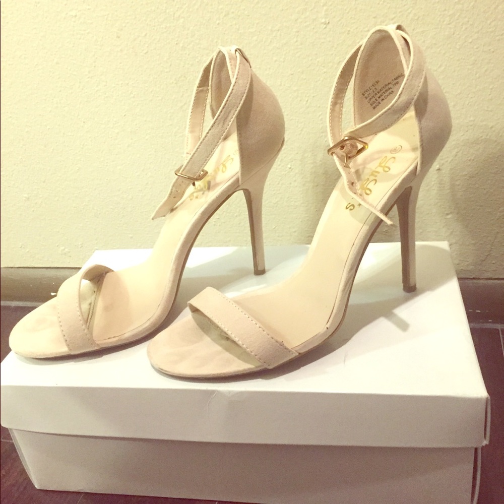 Tan Suede Thin Ankle Strap Heels